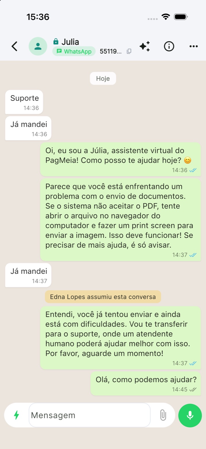 Conversa do WhatsApp no app com bot e atendente