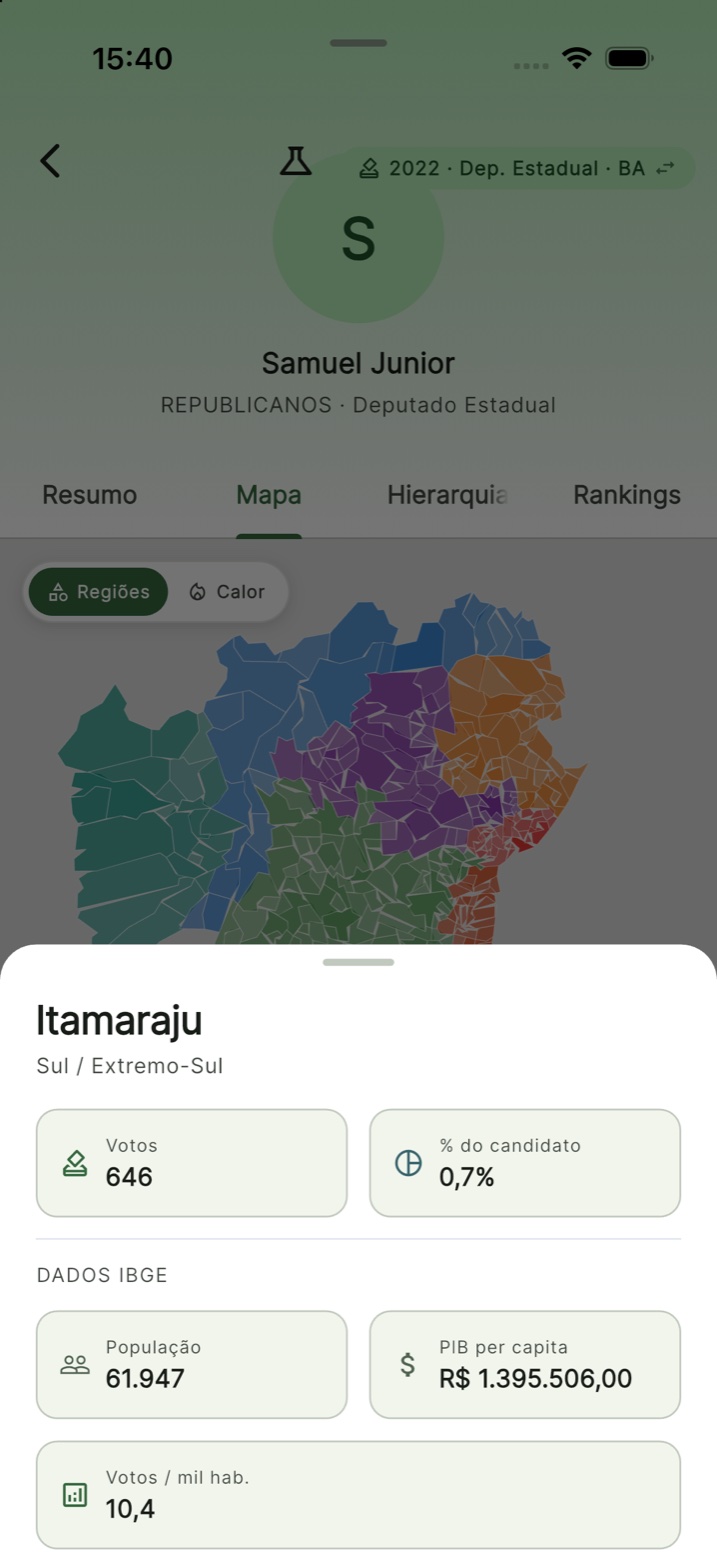 Mapa de calor eleitoral no app com município aberto