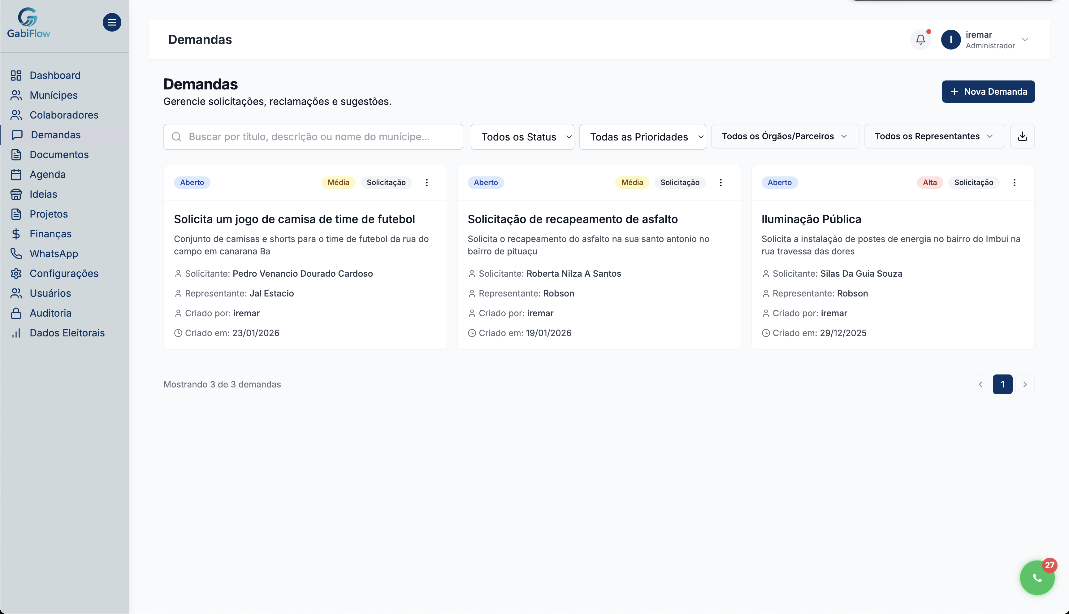 Gestão de Demandas - Solicitações e reclamações