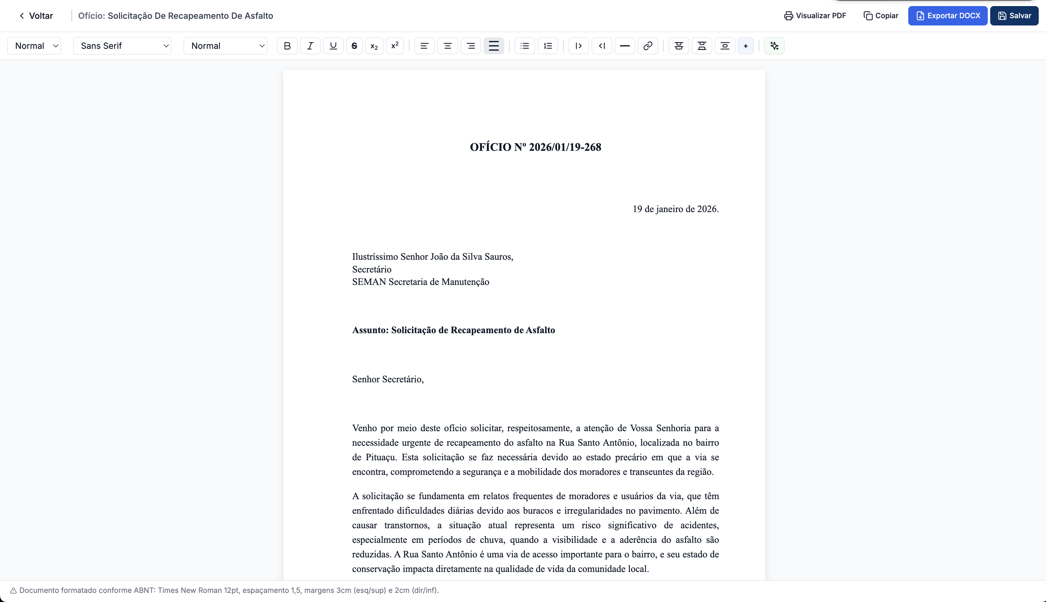 Editor de documentos IA - Ofício gerado automaticamente conforme ABNT