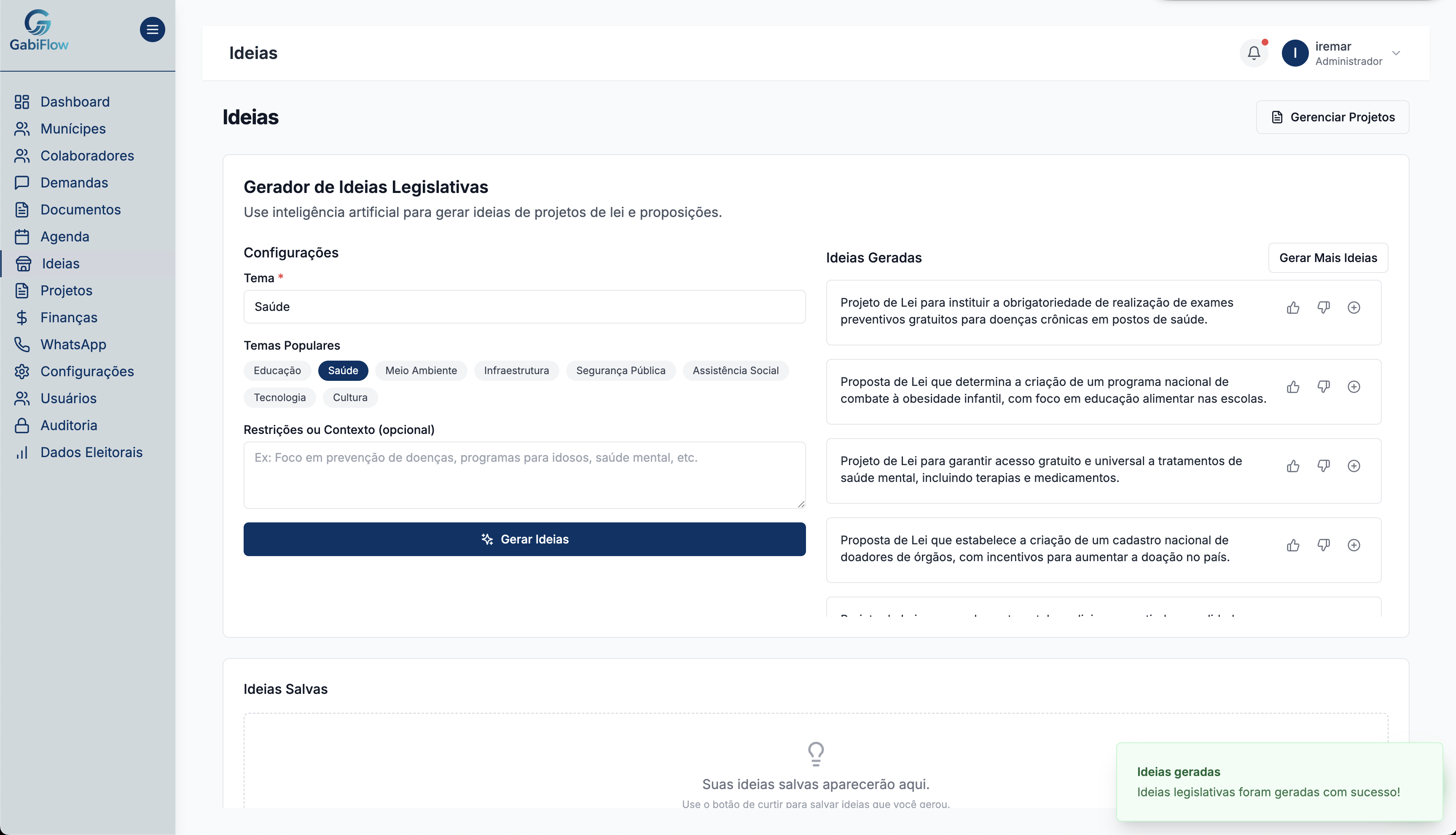 Gerador de ideias legislativas por tema com IA