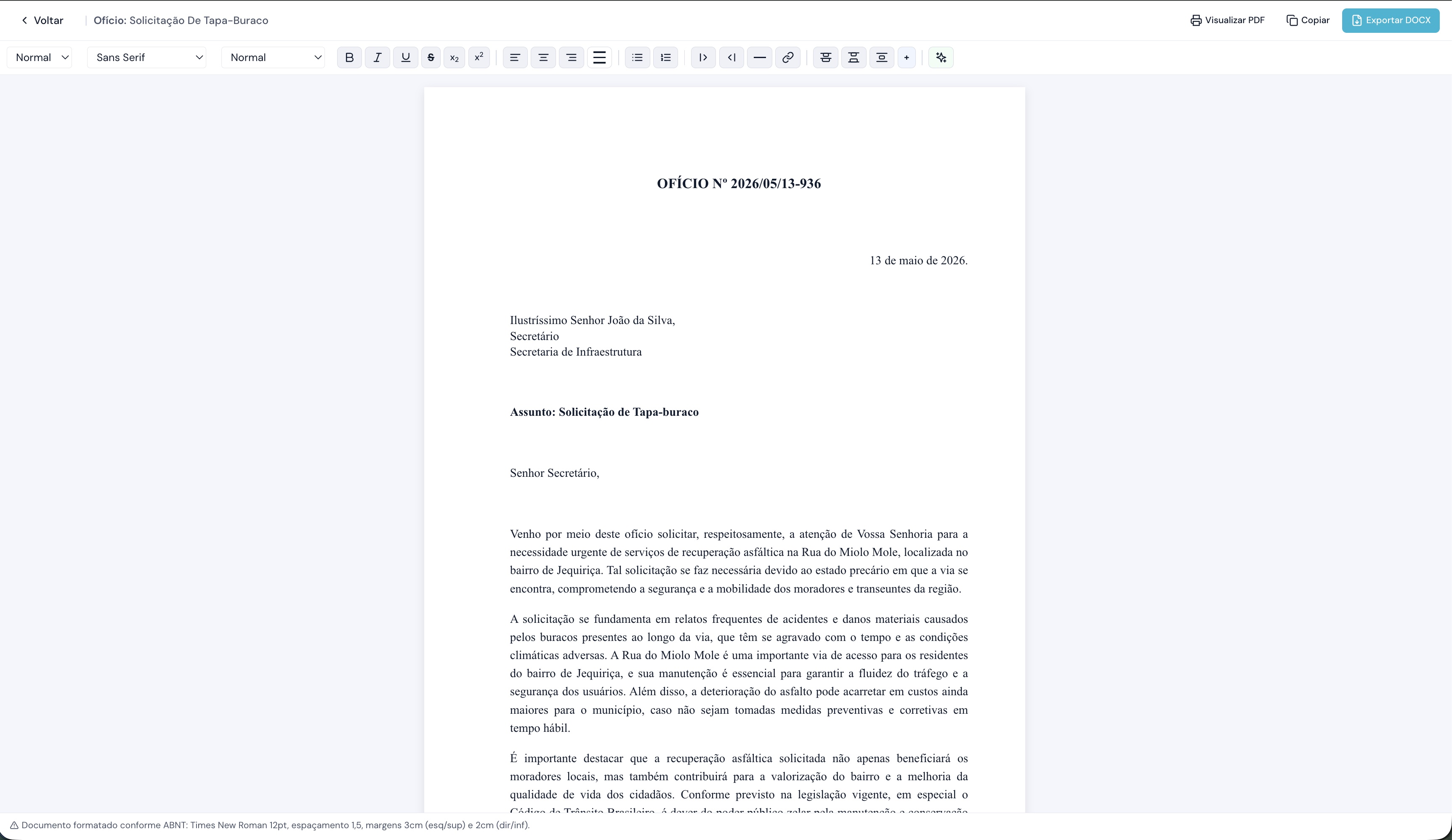 Editor de documentos IA - Ofício gerado automaticamente conforme ABNT