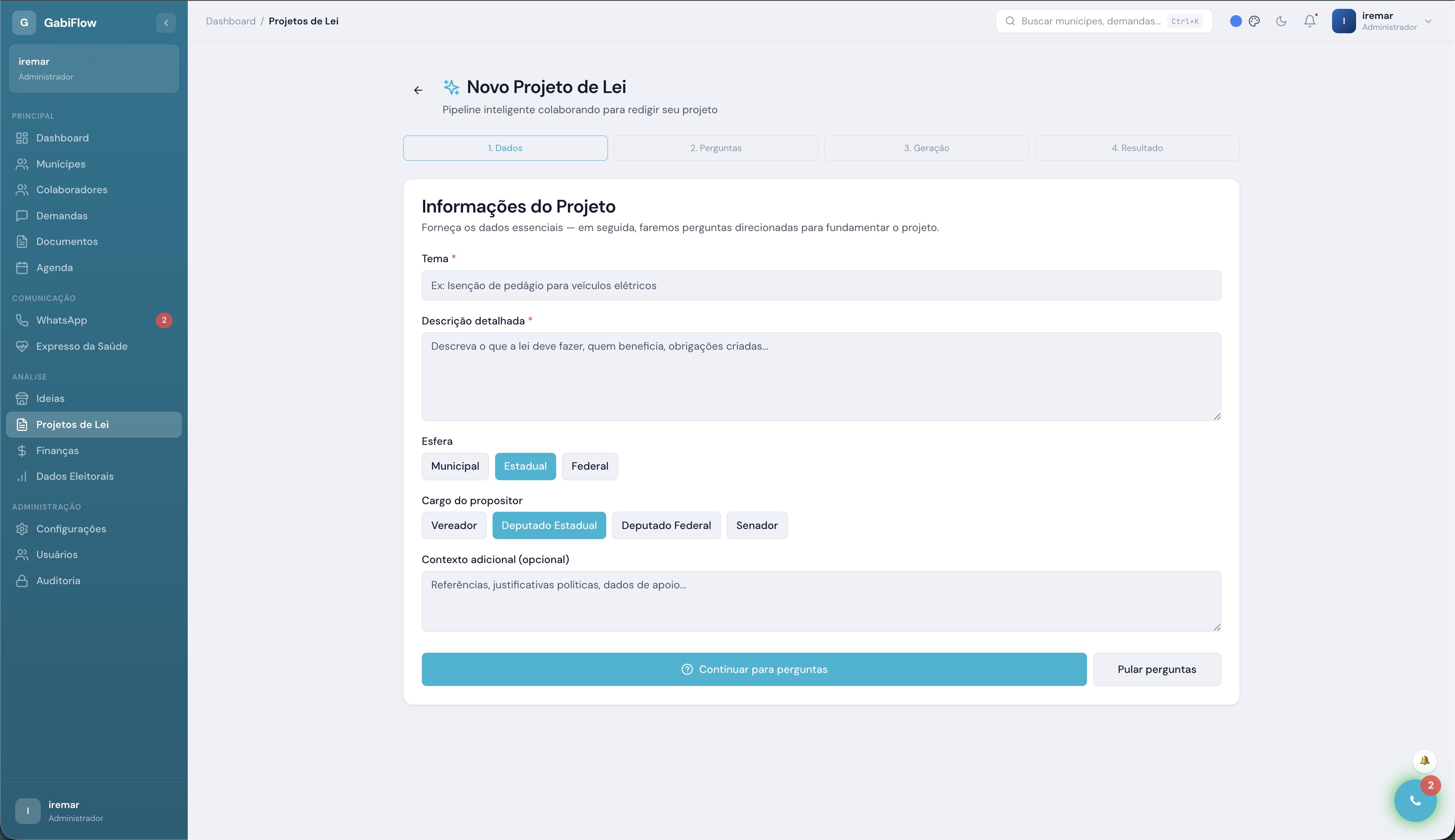 Gestão completa de projetos de lei com equipe e ações