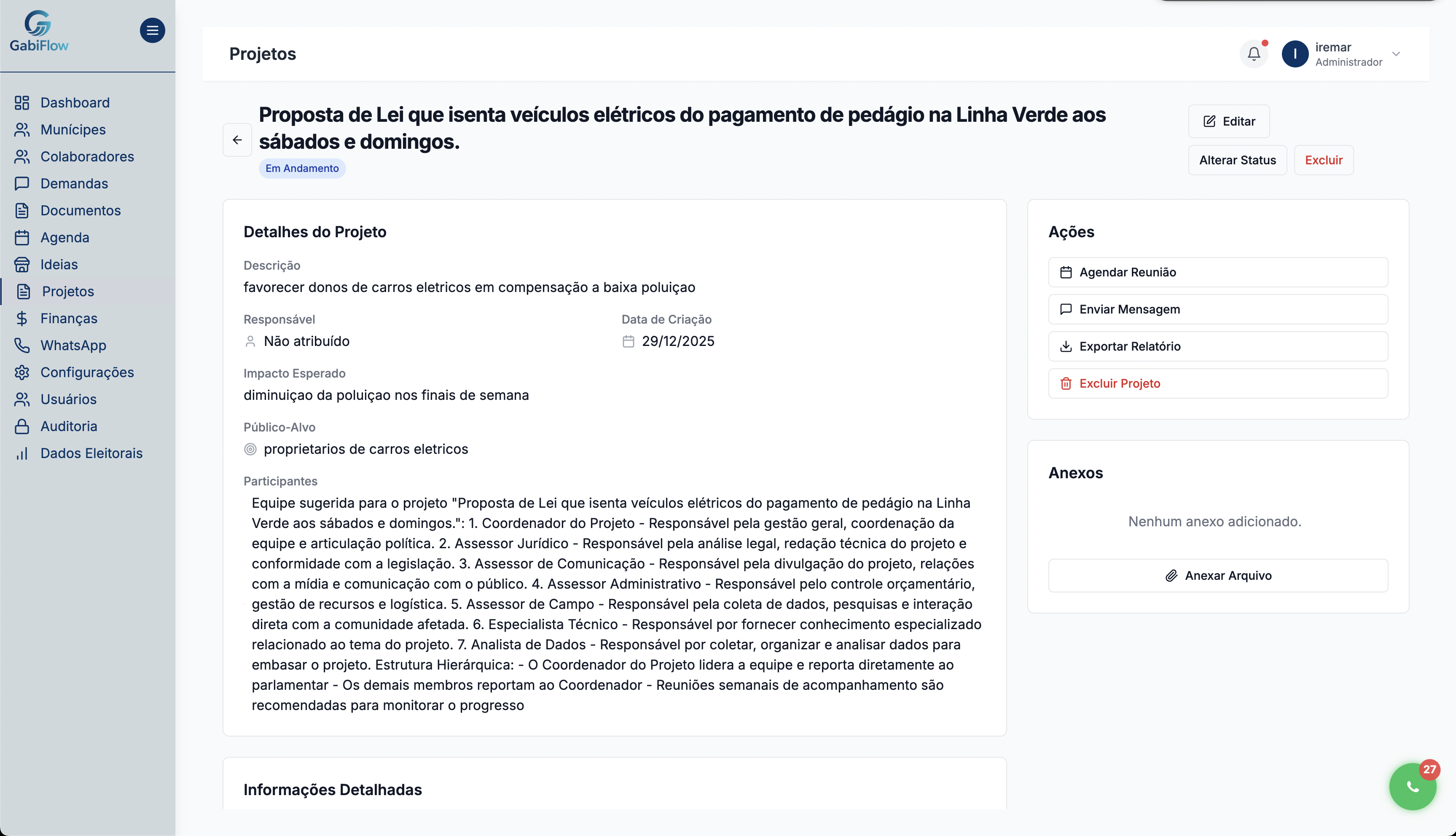 Gestão completa de projetos de lei com equipe e ações