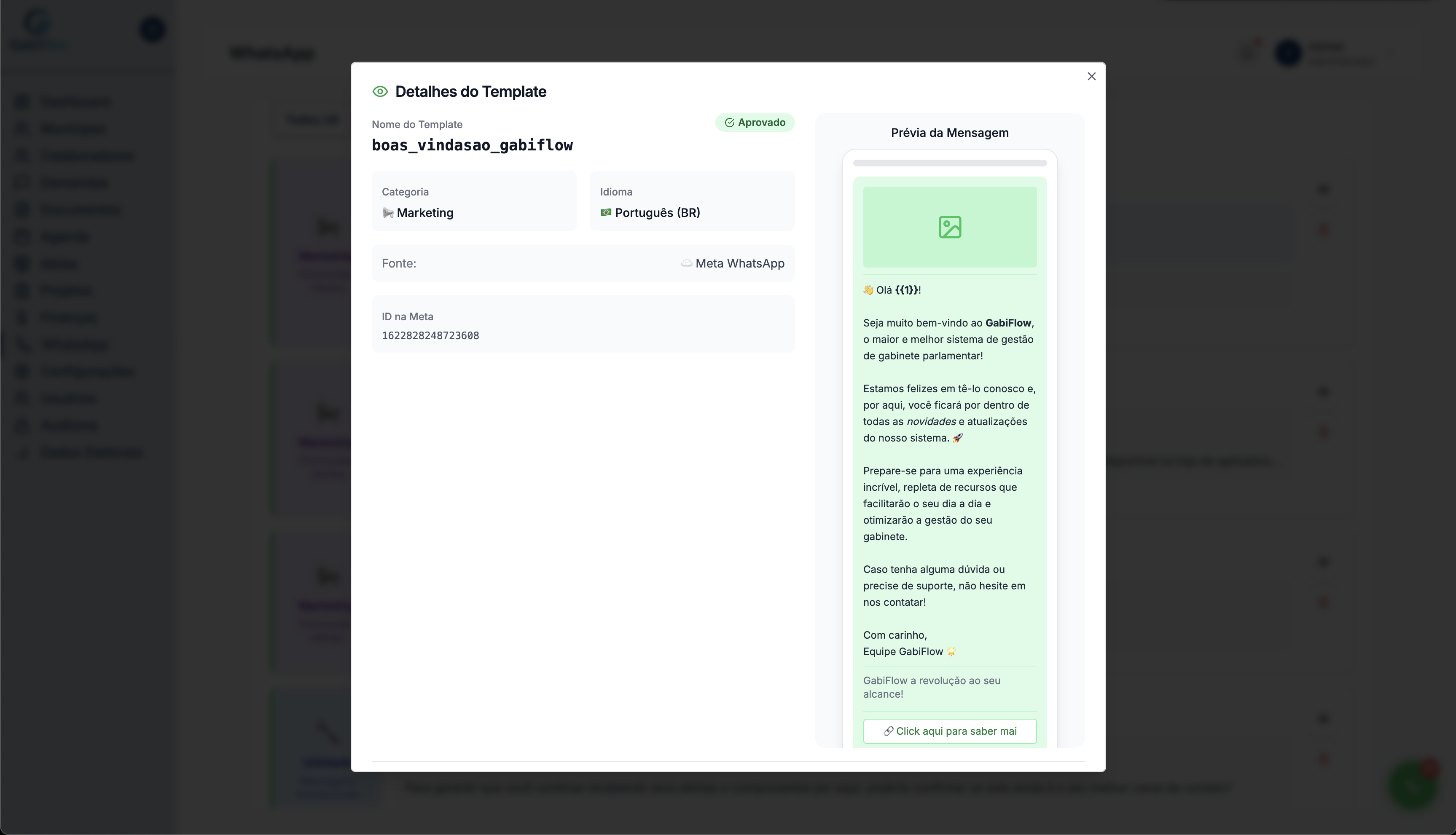 Detalhes do Template Meta WhatsApp